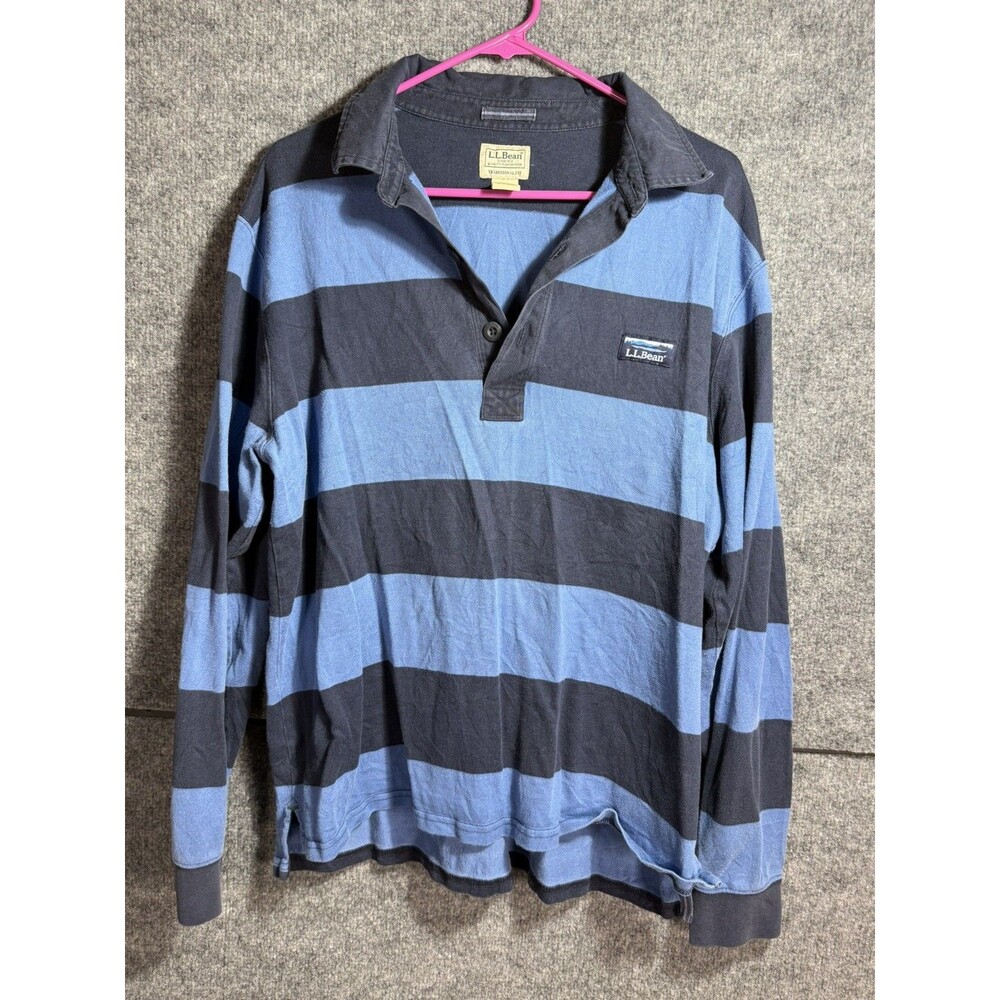 L.L.Bean Rugby Shirt Men's Large Blue Navy Striped Long Sleeve Cotton Polo Prep